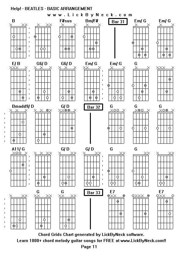 Chord Grids Chart of chord melody fingerstyle guitar song-Help! - BEATLES - BASIC ARRANGEMENT,generated by LickByNeck software.